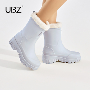 经典 女鞋 加厚冬季 雨靴子户外露营防水鞋 UBZ 长筒胶鞋 防水加绒雨鞋