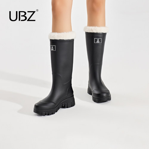 UBZ 防水雨靴户外加绒女鞋英伦风高筒露营加厚雨鞋涉水长筒靴胶鞋