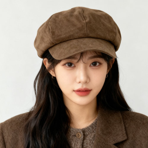 韩国代购仿麂皮纯色明星款八角帽