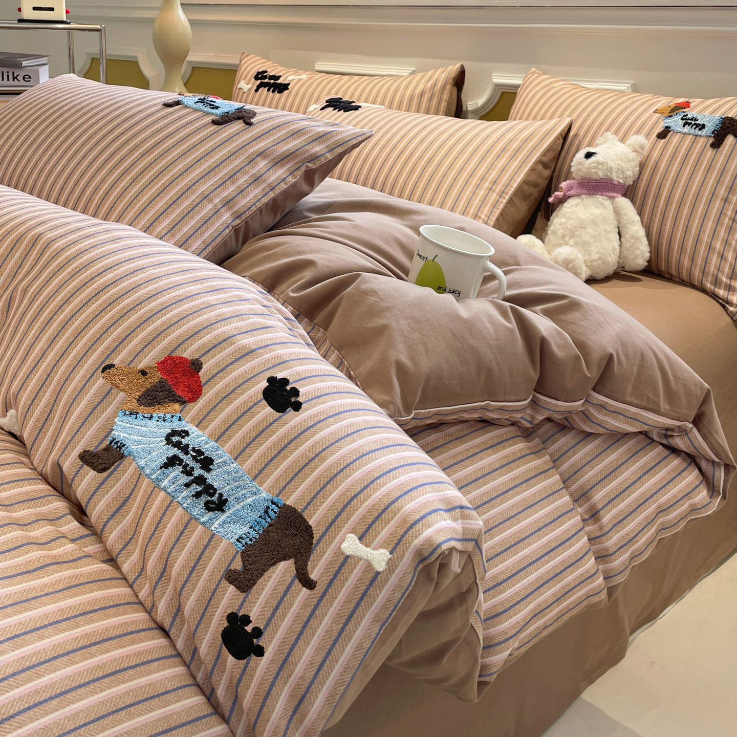 轻奢全棉磨毛卡通毛巾绣四件套秋冬加厚保暖纯棉被套床笠三件套