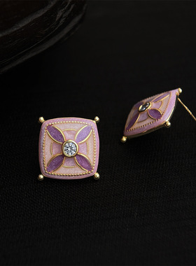 原创镀18K真金珐琅滴釉紫色复古纹样耳钉法式轻奢风 时尚优雅耳饰