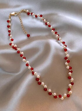 新中式国风串珠红色玛瑙珍珠项链气质网红时尚施家珍珠编织锁骨链
