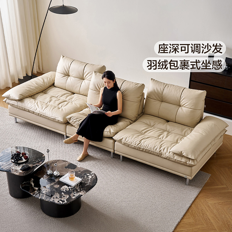全友家居意式极简头层牛皮真皮沙发客厅高端直排羽绒沙发可变床