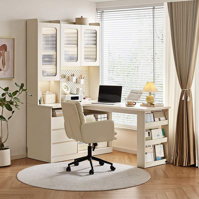 政府补贴全友家居奶油风卧室书房小户型转角书柜连书桌一体组合柜,住宅家具,连体书桌柜,淘宝优惠券,粉丝福利购,淘宝优惠卷