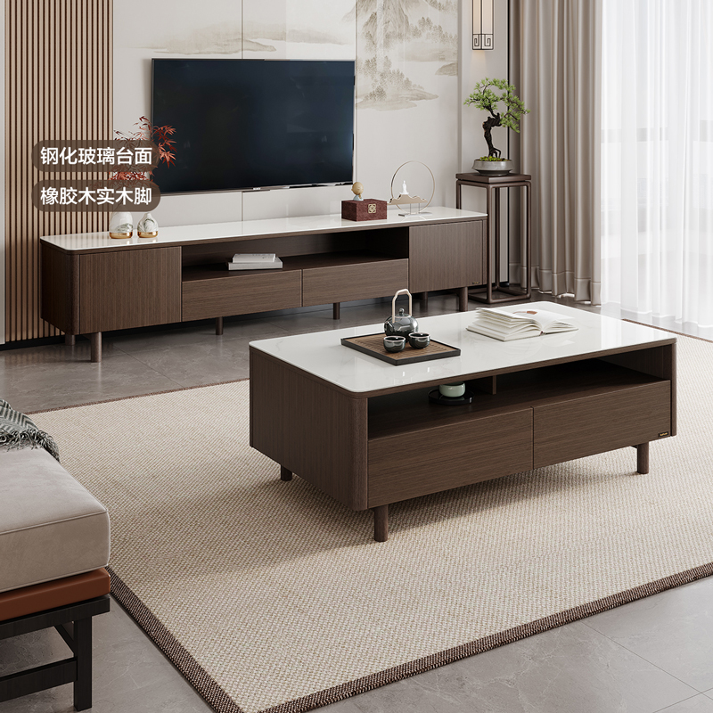 全友家居新中式钢化玻璃茶几电视机柜组合客厅小户型实木脚桌子