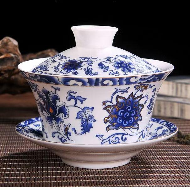 八寶茶特大號蓋碗330毫升360毫升三炮臺故宮茶具青花瓷