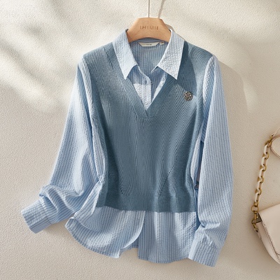 海谧时尚条纹假两件衬衫上衣女