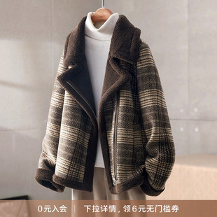 IHIMI/海谧时尚百搭夹克开衫女25冬新款格子大衣宽松加厚短款外套