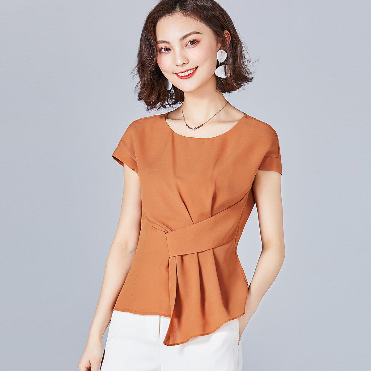 茜系专柜品牌折扣女装简约大气翻边不规则下摆短袖雪纺衫女士衬衫|ruв категории Женская одежда, рубашка - от Buy2taobao.com для оказания профессиональной услуги покупки агента Taobao
