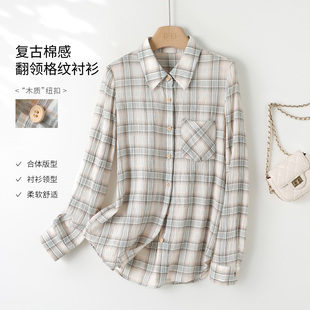 亦白 翻领格纹衬衫 2025秋季 复古百搭休闲棉感经典 上衣女 新款 YBAI