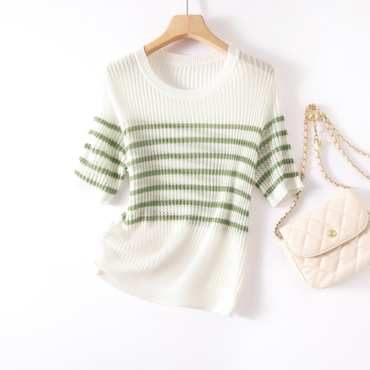 IHIMI 2025夏季新款时尚百搭圆领条纹撞色设计气质短袖针织衫女士