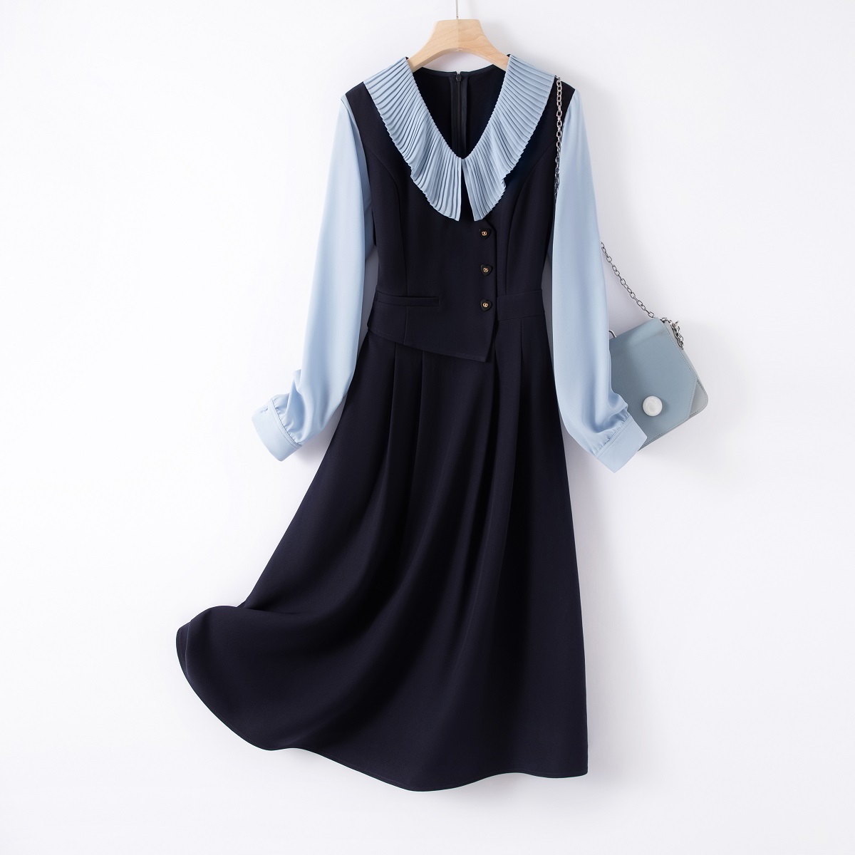 IHIMI2025秋新款撞色拼接马甲式假两件压皱翻领收腰中长款连衣裙