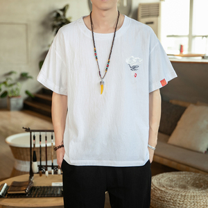 风夏季刺绣薄款亚麻男士大码短袖T恤男 YM63/40图片
