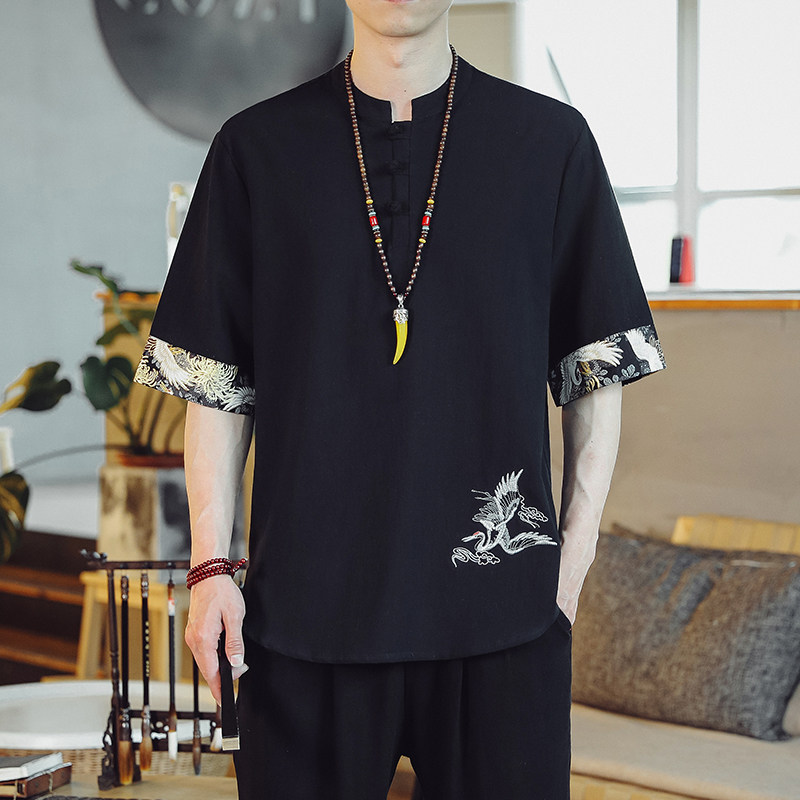 风夏季刺绣薄款亚麻T恤男士大码短袖T恤男YM67/P50,男装T恤,钱塘322（原A036）