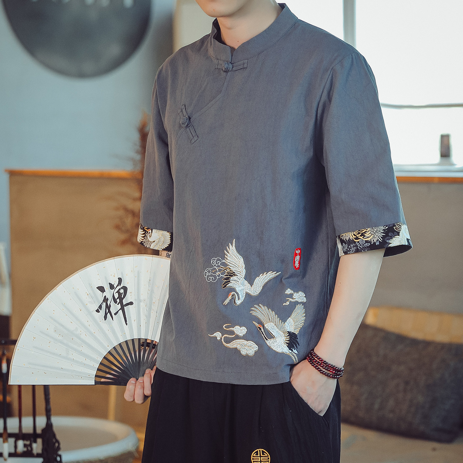 风夏季刺绣薄款亚麻T恤男士大码短袖 YM76/P55图片