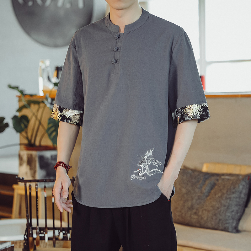 风夏季刺绣薄款亚麻T恤男士大码短袖T恤男YM67/P50，男装T恤，钱塘322（原A036）