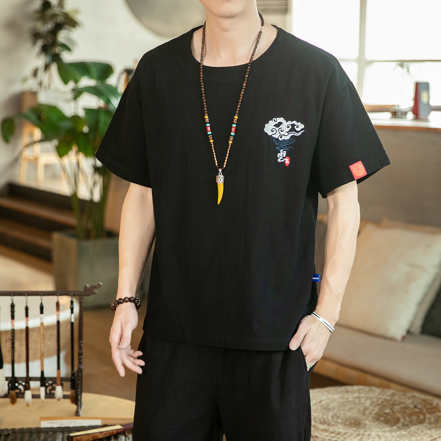 风夏季刺绣薄款亚麻男士大码短袖T恤男YM63/30,男装T恤,钱塘322（原A036）