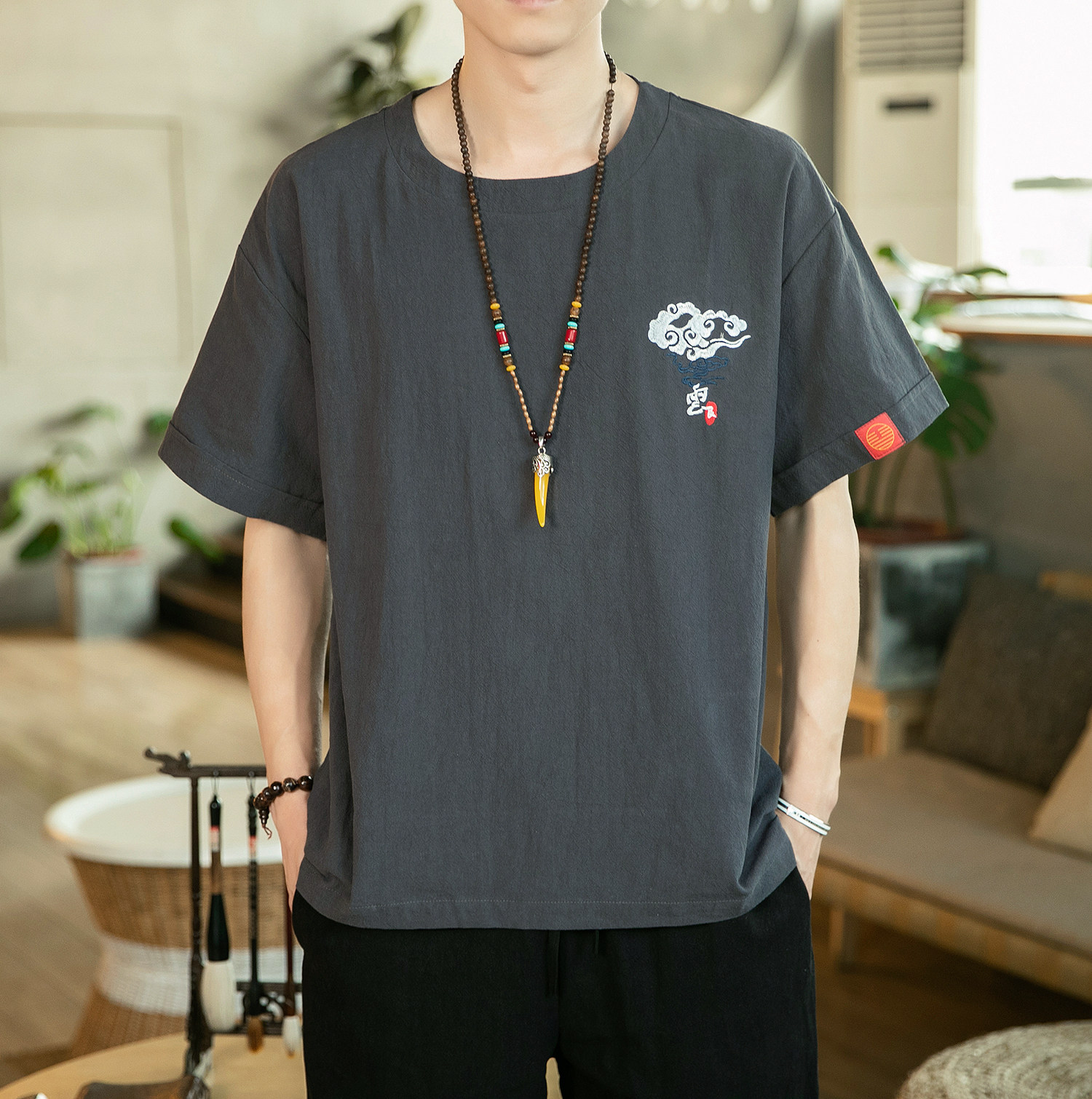 风夏季刺绣薄款亚麻男士大码短袖T恤男YM63/40,男装T恤,钱塘322（原A036）
