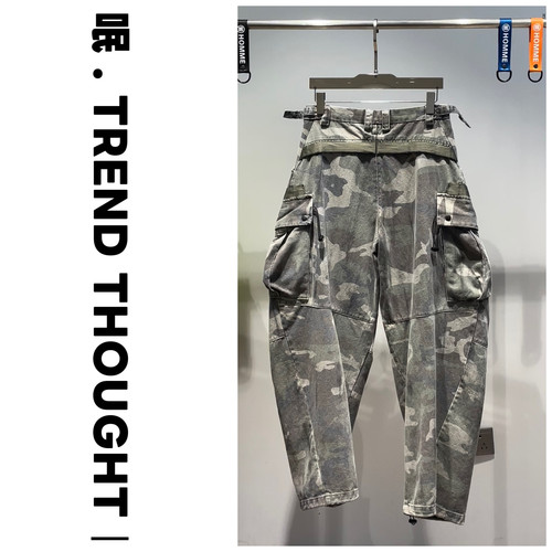 呡 . TREND THOUGHT工装长裤冬水洗迷彩厚款休闲牛仔个性哈伦裤