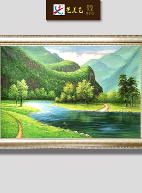 纯手绘欧式山水风景绿色油画客厅沙发走廊过道横版定制装饰挂壁画