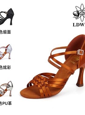 LDWDC女式缎面专业拉丁舞鞋专业比赛考级软底中高跟跳舞鞋练习鞋