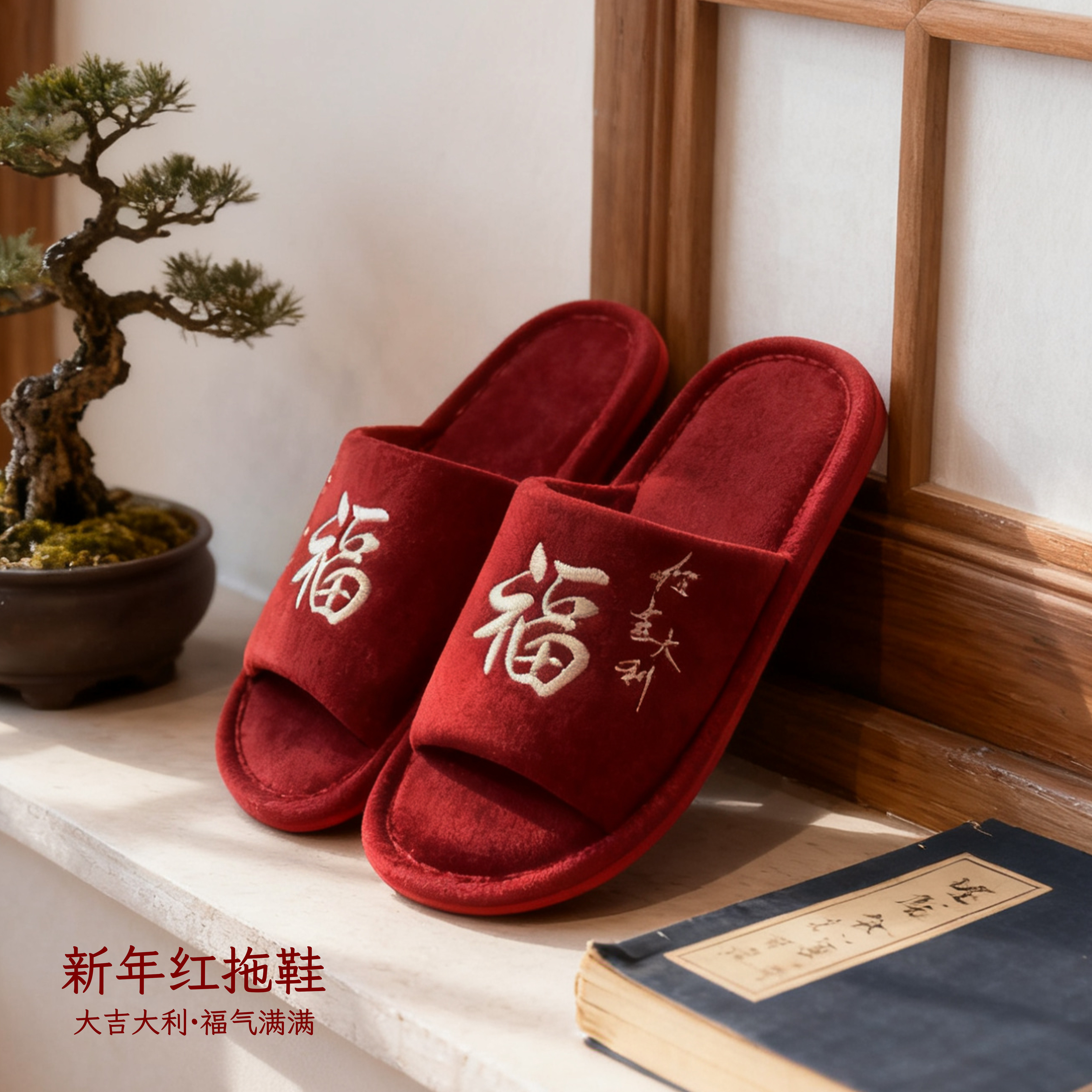 新年红拖鞋本命年秋冬季2026过年棉拖喜庆走红运中式居家室内酒红