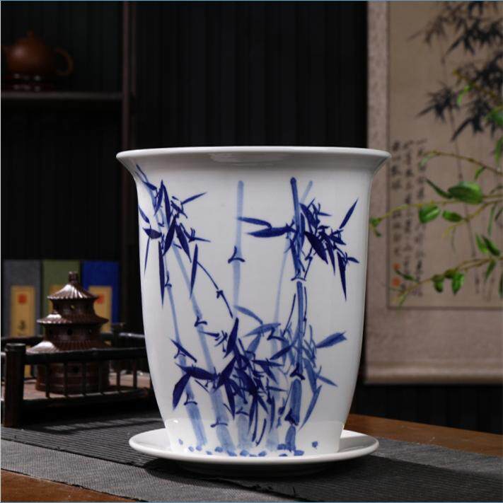 景德镇手绘陶瓷青花花盆大码精品25cm口径控根盆深高盆高款加厚