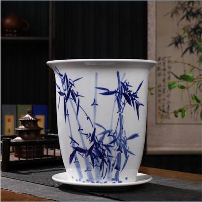 景德镇手绘陶瓷青花花盆大码精品25cm口径控根盆深高盆高款加厚