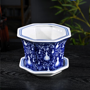 家用落地桌面景德镇青花瓷八角大码矮胖栽树兰花盆带托盘高脚加厚