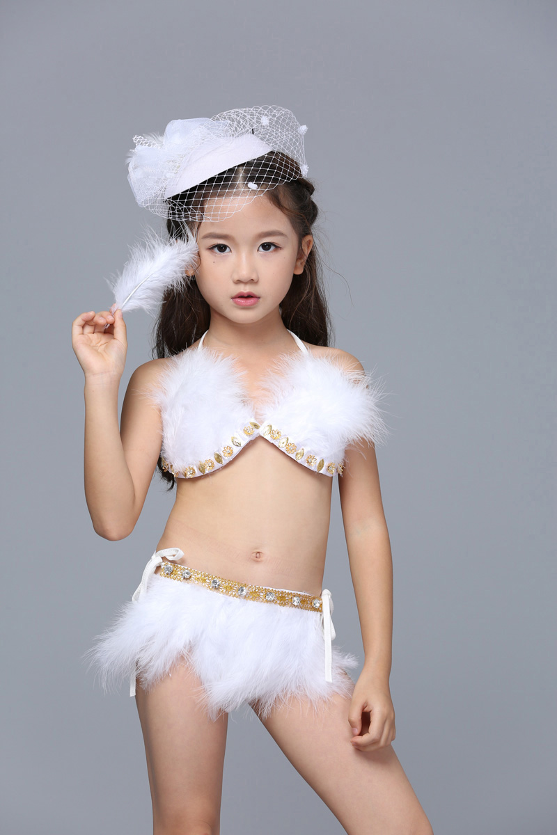 儿童维密模特t台走秀泳装创意白色羽毛女童比基尼表演泳衣