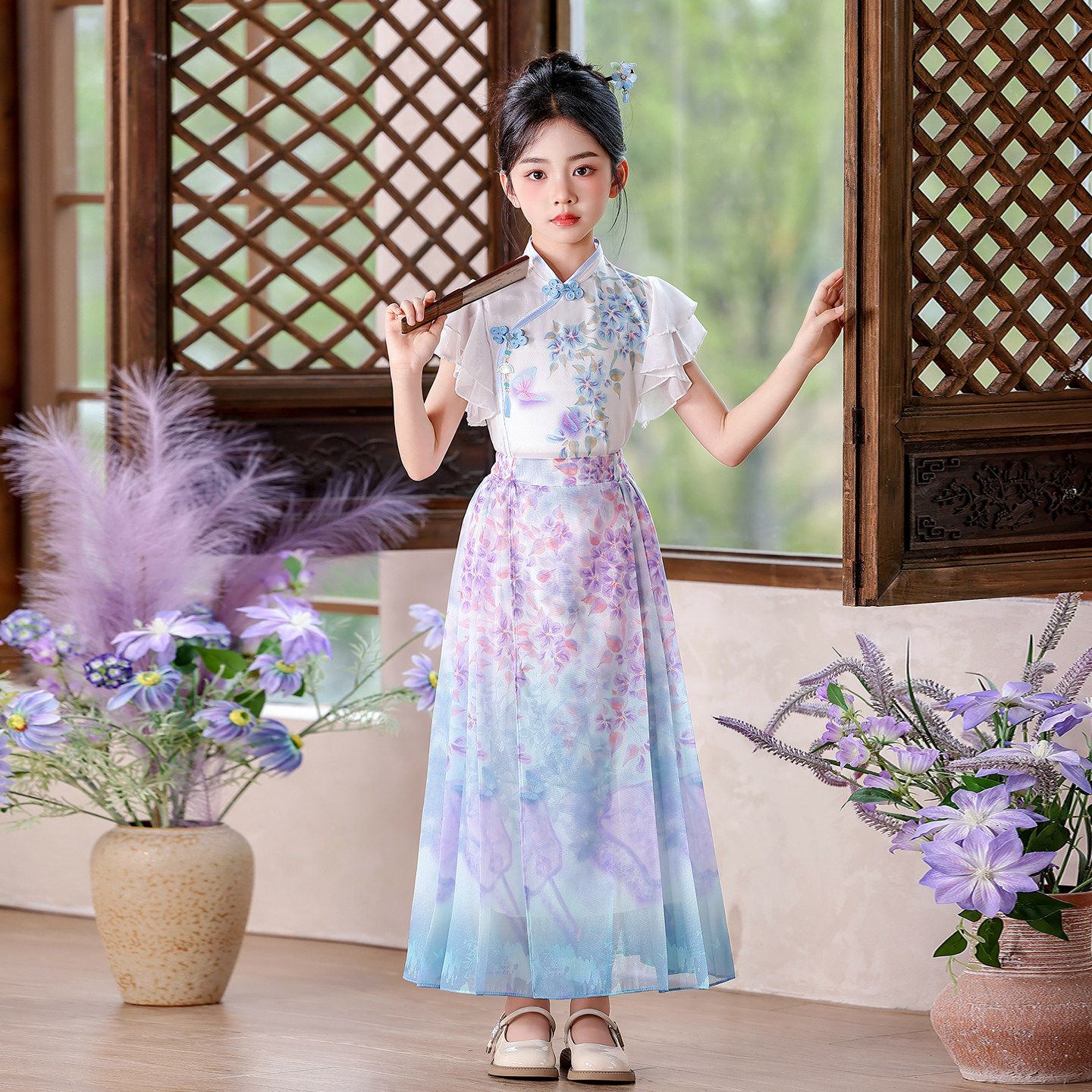 女童汉服夏季古风花卉印花马面裙