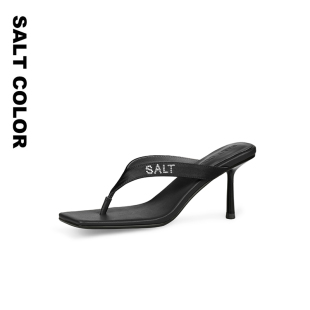 Saltcolor 方头露趾水钻细跟拖鞋女复古高跟凉拖外穿人字拖百搭
