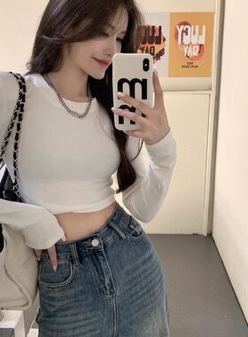 辣妹镂空短款露背T恤女早秋黑色圆领上衣长袖内搭修身露脐打底衫