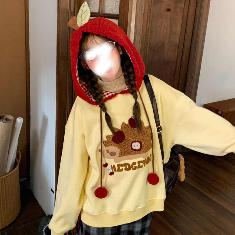 纯棉黄色苹果设计感立体连帽加绒卫衣女小个子可爱外套秋季冬上衣