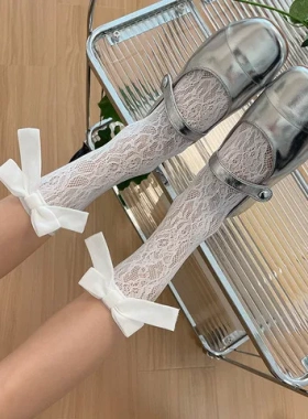 中筒袜蕾丝女袜同款品牌法式花边渔网袜大蝴蝶蝴蝶结LolitaJK女孩