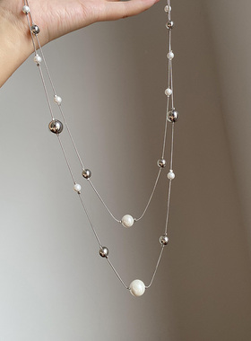银色长款叠戴大小圆珠项链女轻奢