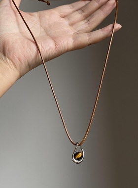 中古vintage皮绳虎眼石吊坠项链