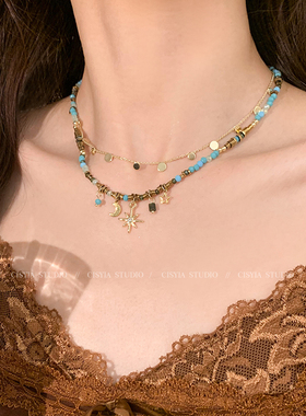 星月油画~夏日蓝色串珠叠戴项链