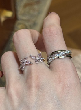 韩系高级感交错锆石蝴蝶戒指女