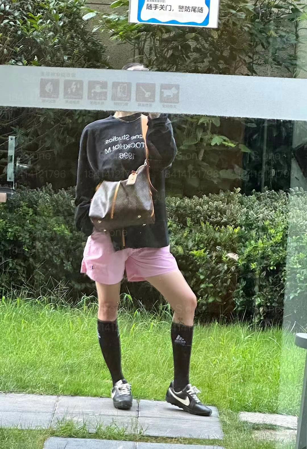 粉色刺绣松紧腰阔腿短裤美式复古时髦高腰直筒显瘦裤网红打底裤潮