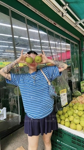 正肩港风复古条纹短袖 t恤女2025新款 时尚 洋气减龄显瘦上衣打底衫