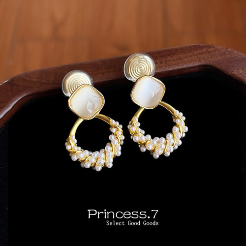 复古猫眼石菱形珍珠耳夹