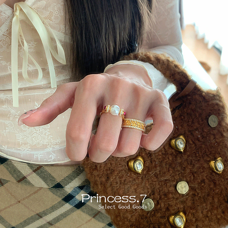 vintager中古转运珍珠戒指女新款国风麦穗食指戒轻奢高级指环套装