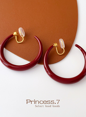 安可拉红耳夹无耳洞女蚊香盘气质复古耳环圈圈高级感红色新年耳饰