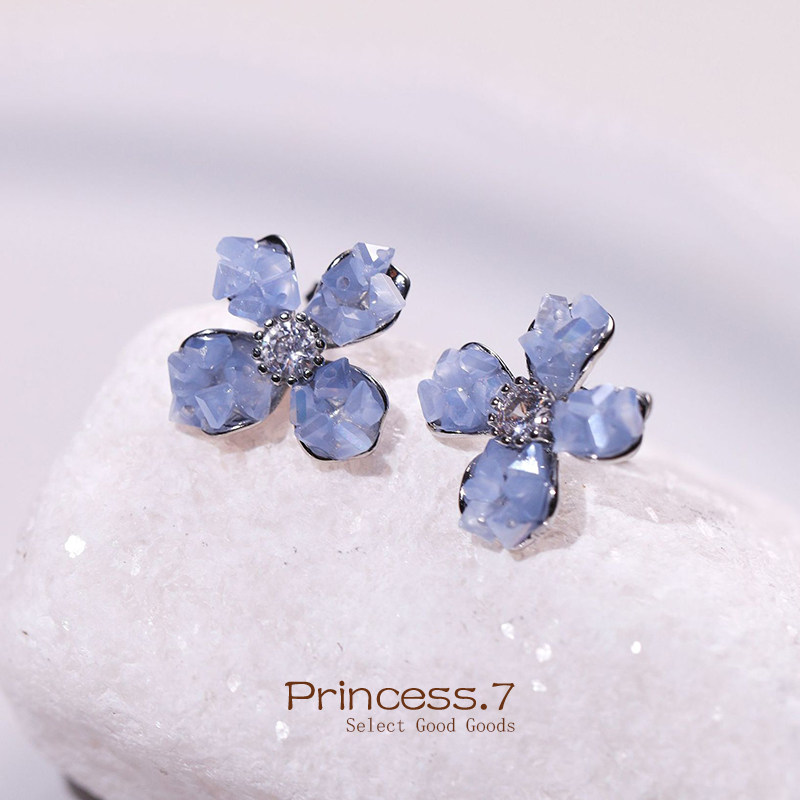 蓝色花朵耳夹女无耳洞水晶镶钻新款轻奢高级感小众气质艺术生耳饰
