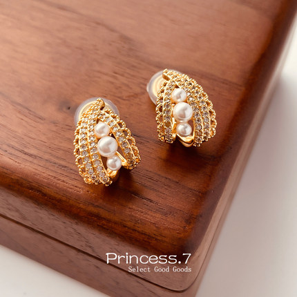微镶锆石镀真金蚊香盘耳夹法式轻奢高级感珍珠蕾丝边无耳洞耳饰女