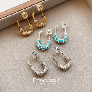 法式满镶蓝松石几何U形硅胶无耳洞耳夹女一体设计感高级气质耳饰