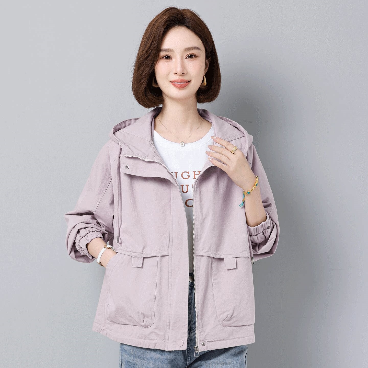 纯棉外套女2026新款春秋短款中年妈妈连帽休闲小个子爆款夹克风衣