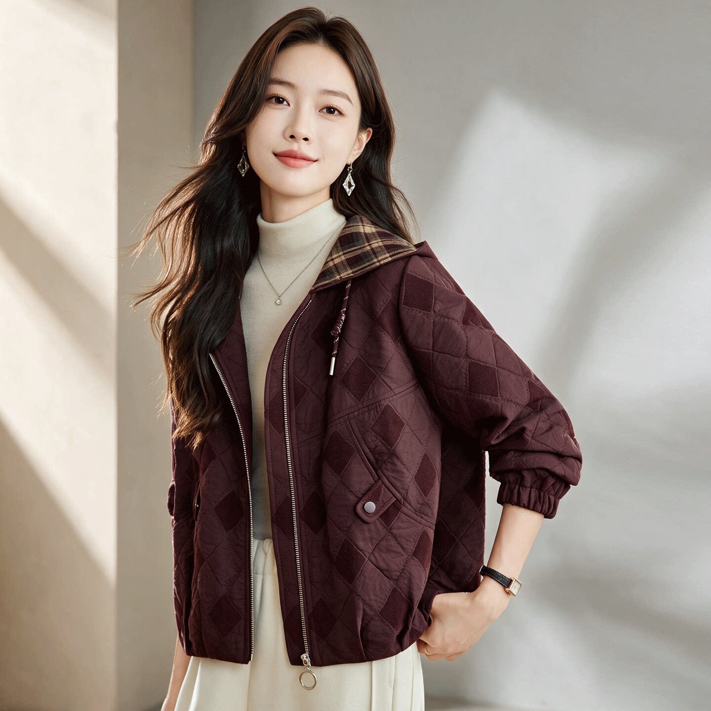 小个子短款菱格夹棉外套女2026春秋新款妈妈洋气减龄连帽轻薄棉衣