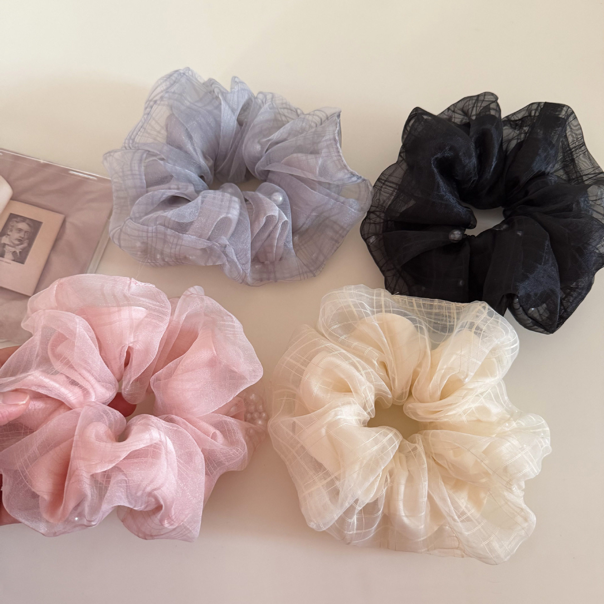 双层格纹网纱珍珠缎面大肠发圈女甜美清新蓬松扎发头绳丸子头发饰,饰品/流行首饰/时尚饰品新,发饰,淘宝优惠券,粉丝福利购,淘宝优惠卷